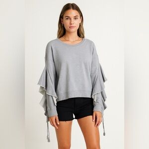 Free People Beach Grey Ruffle Sleeve Sweatshirt Top Size M Casual Cozy Pullover